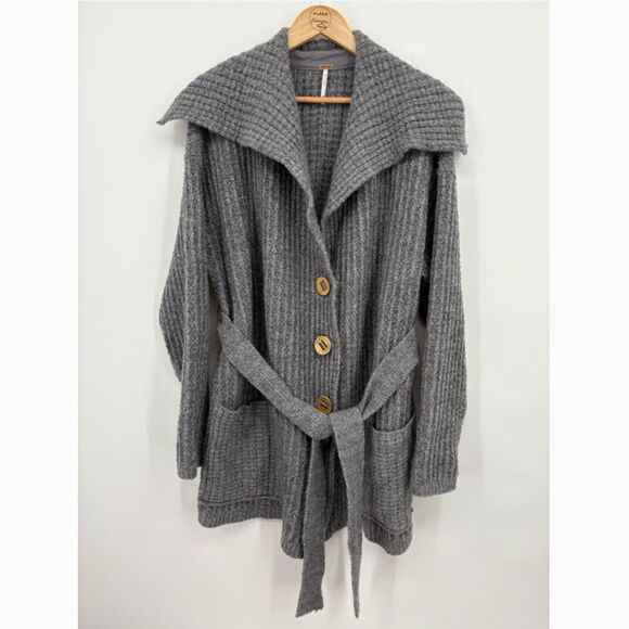 Free People Taffy Long Cardigan in Gray, Sz Medium, Wool Blend Waffle Knit - Picture 3 of 11